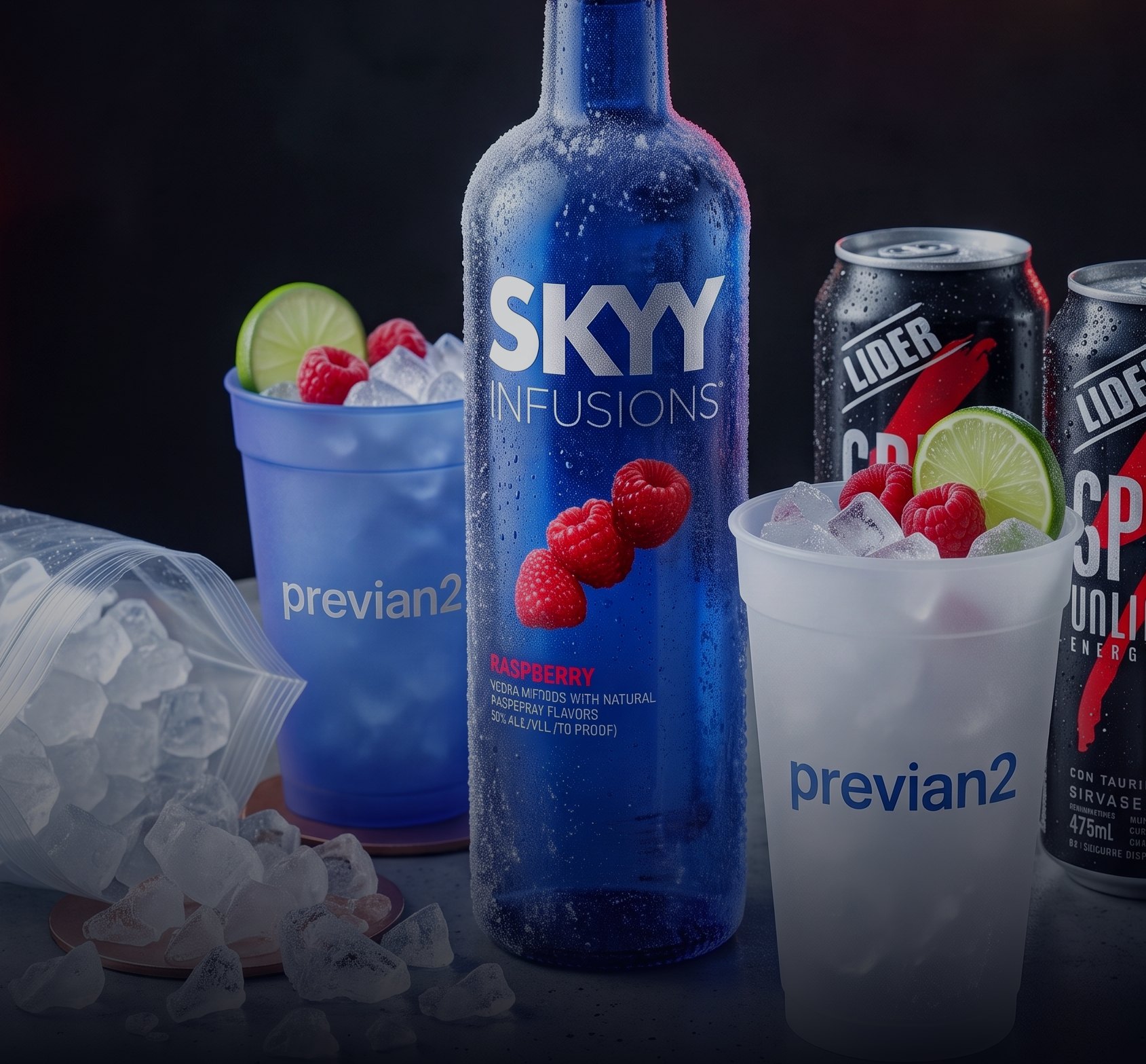 Combo previa: botella fría de Skyy Infusions con vasos con hielo, frutos rojos y latas de Lider Speed