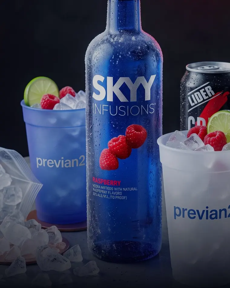 Combo previa: botella fría de Skyy Infusions con vasos con hielo, frutos rojos y latas de Lider Speed